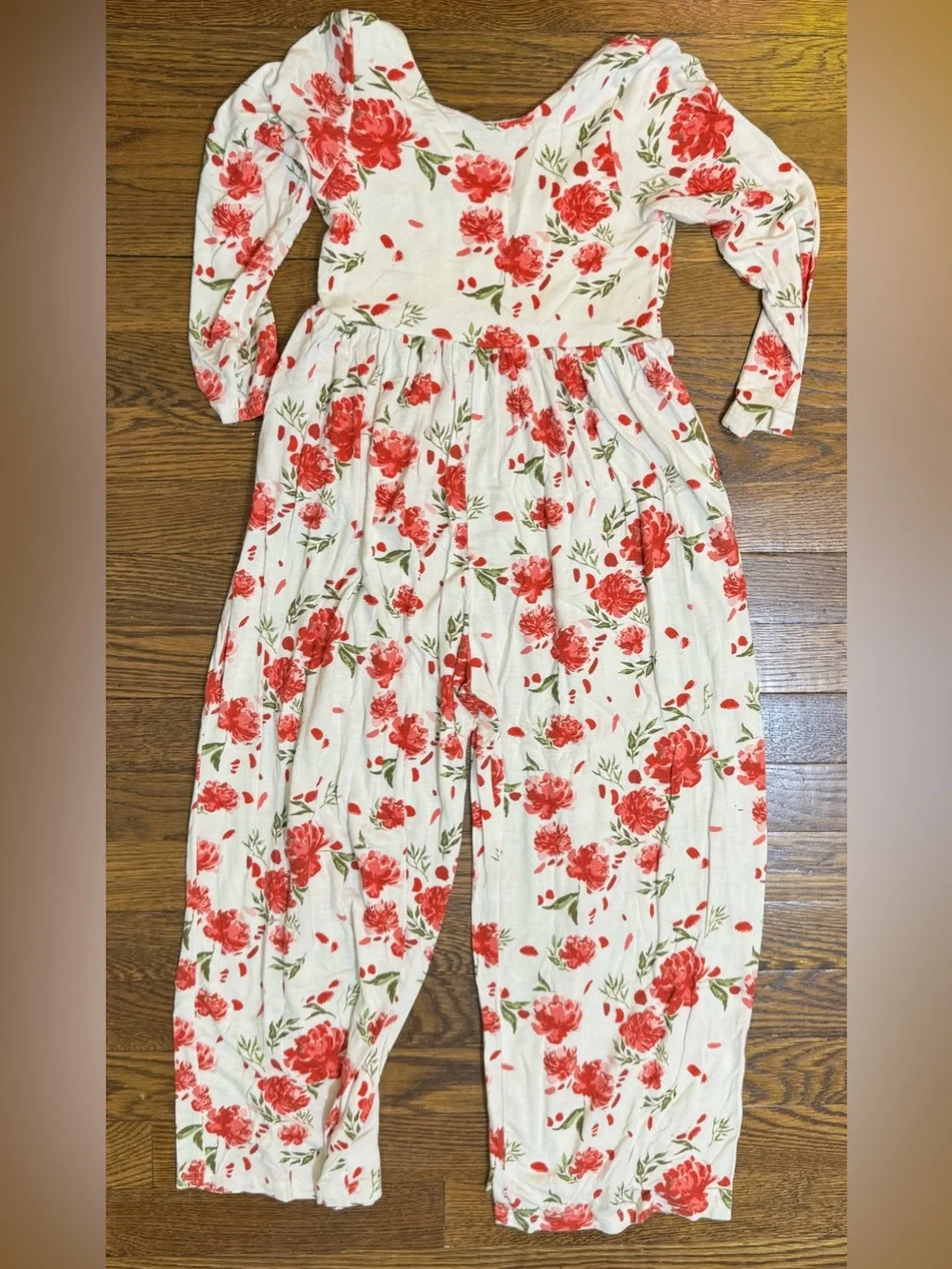 Sweet Honey Size 8 Floral V-Neck Jumpsuit in Cream and Red